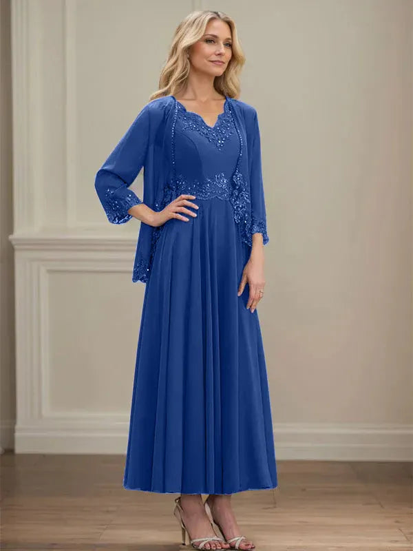Evelinia | A-Line Chiffon Dress with Sequins & Lace