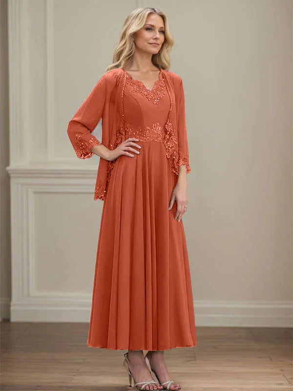 Evelinia | A-Line Chiffon Dress with Sequins & Lace