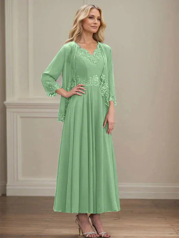 Evelinia | A-Line Chiffon Dress with Sequins & Lace
