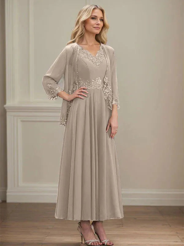 Evelinia | A-Line Chiffon Dress with Sequins & Lace