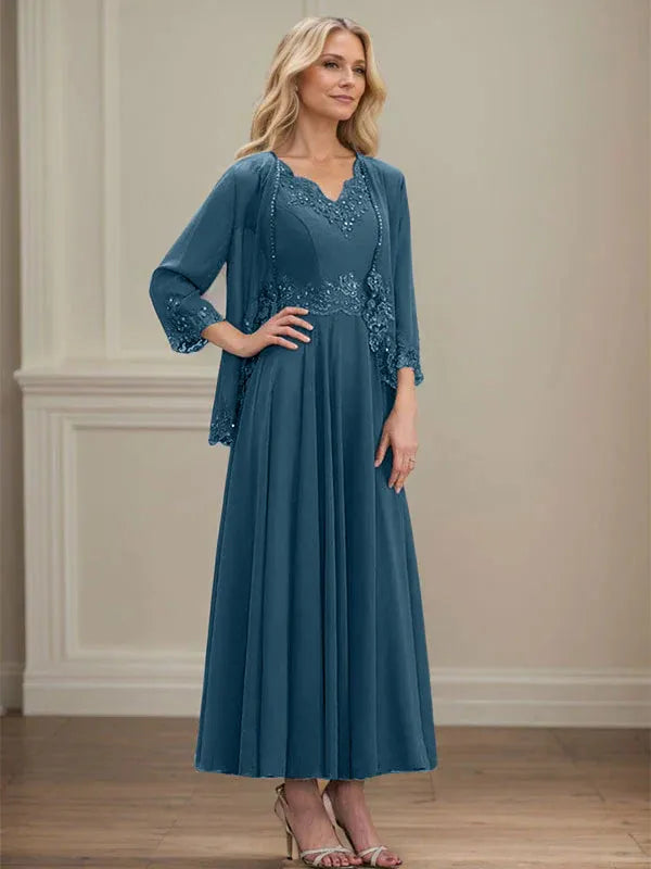 Evelinia | A-Line Chiffon Dress with Sequins & Lace