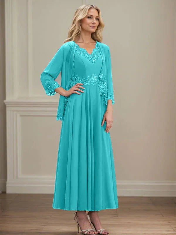 Evelinia | A-Line Chiffon Dress with Sequins & Lace