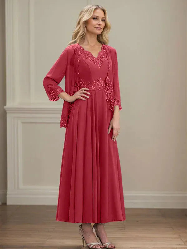 Evelinia | A-Line Chiffon Dress with Sequins & Lace