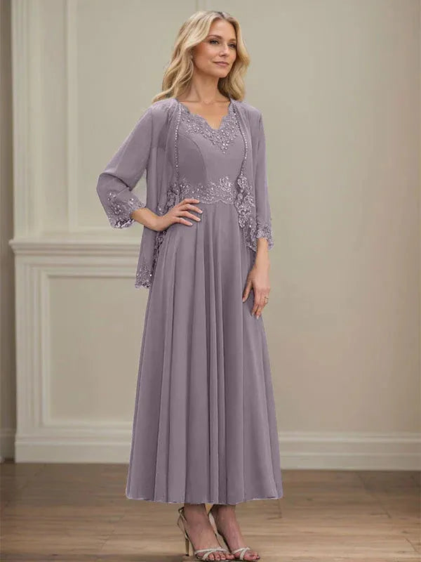 Evelinia | A-Line Chiffon Dress with Sequins & Lace