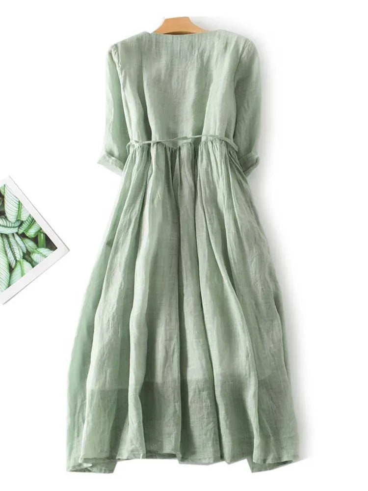 Arya | Women's Retro Style Dress with Round Neck and Waist Ties