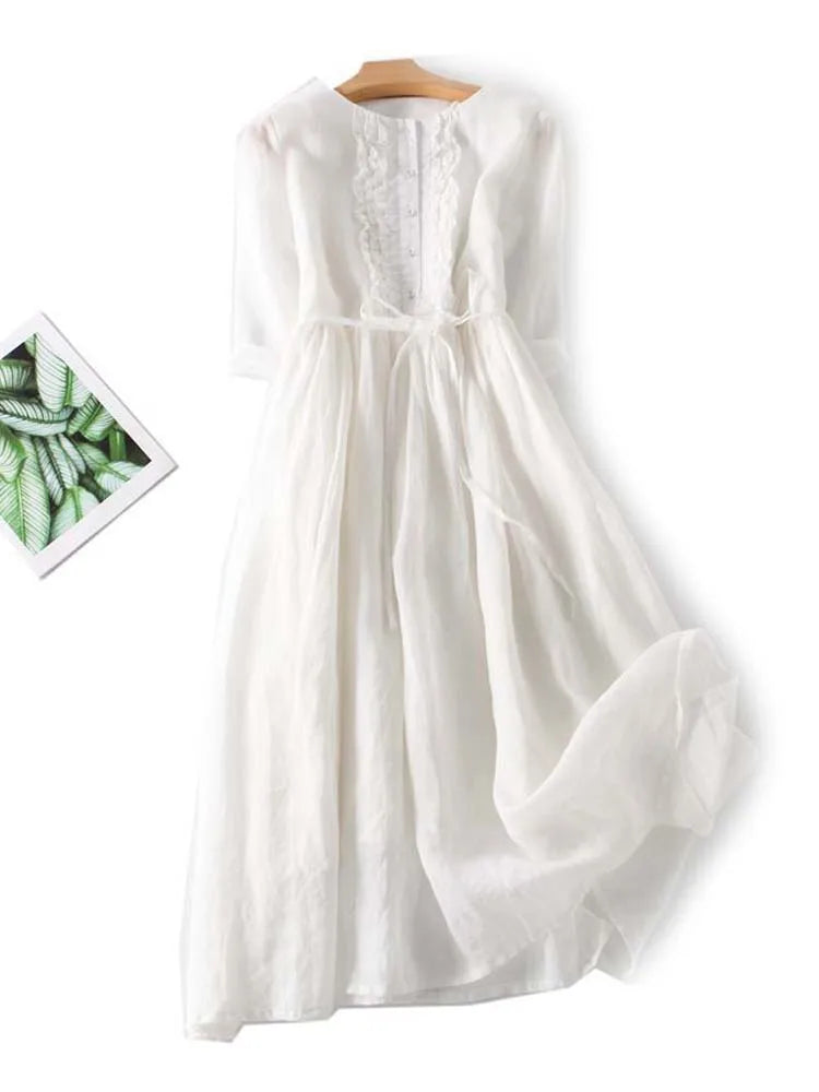Arya | Women's Retro Style Dress with Round Neck and Waist Ties