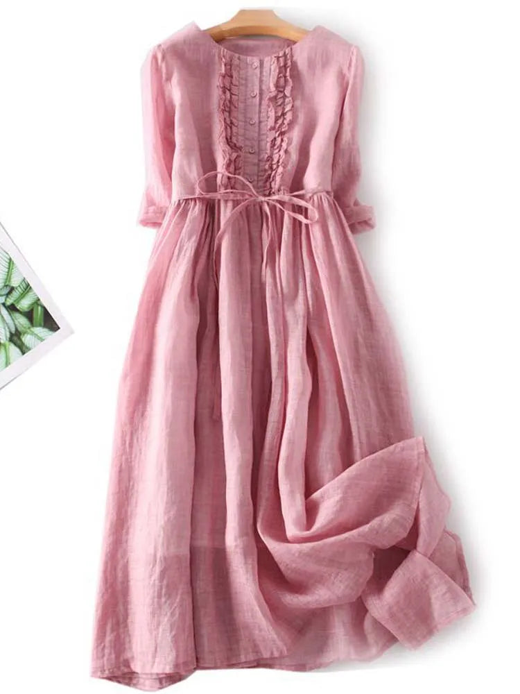 Arya | Women's Retro Style Dress with Round Neck and Waist Ties