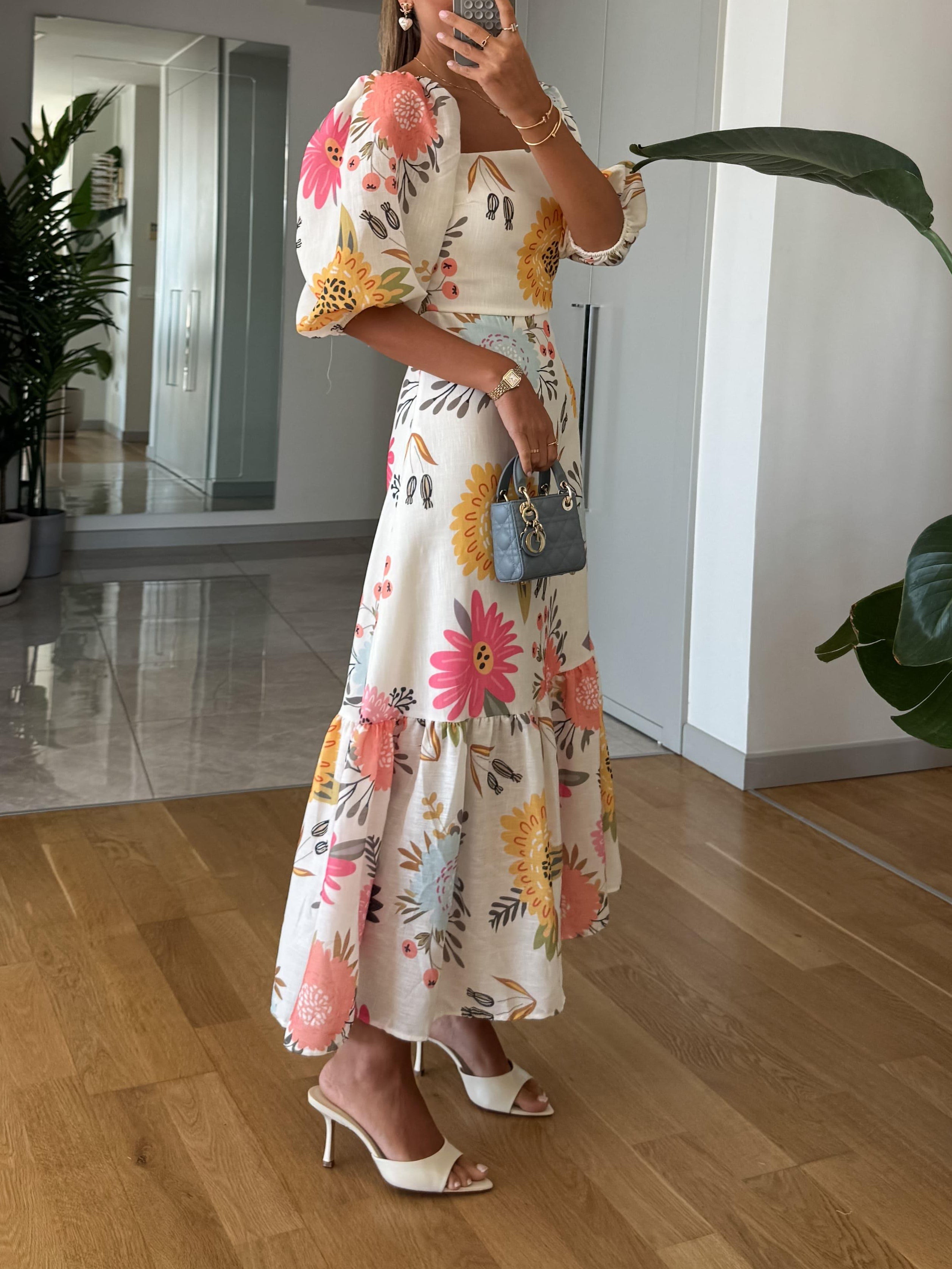 Emma | Square Neck Floral Print Puff Sleeve Midi Dress