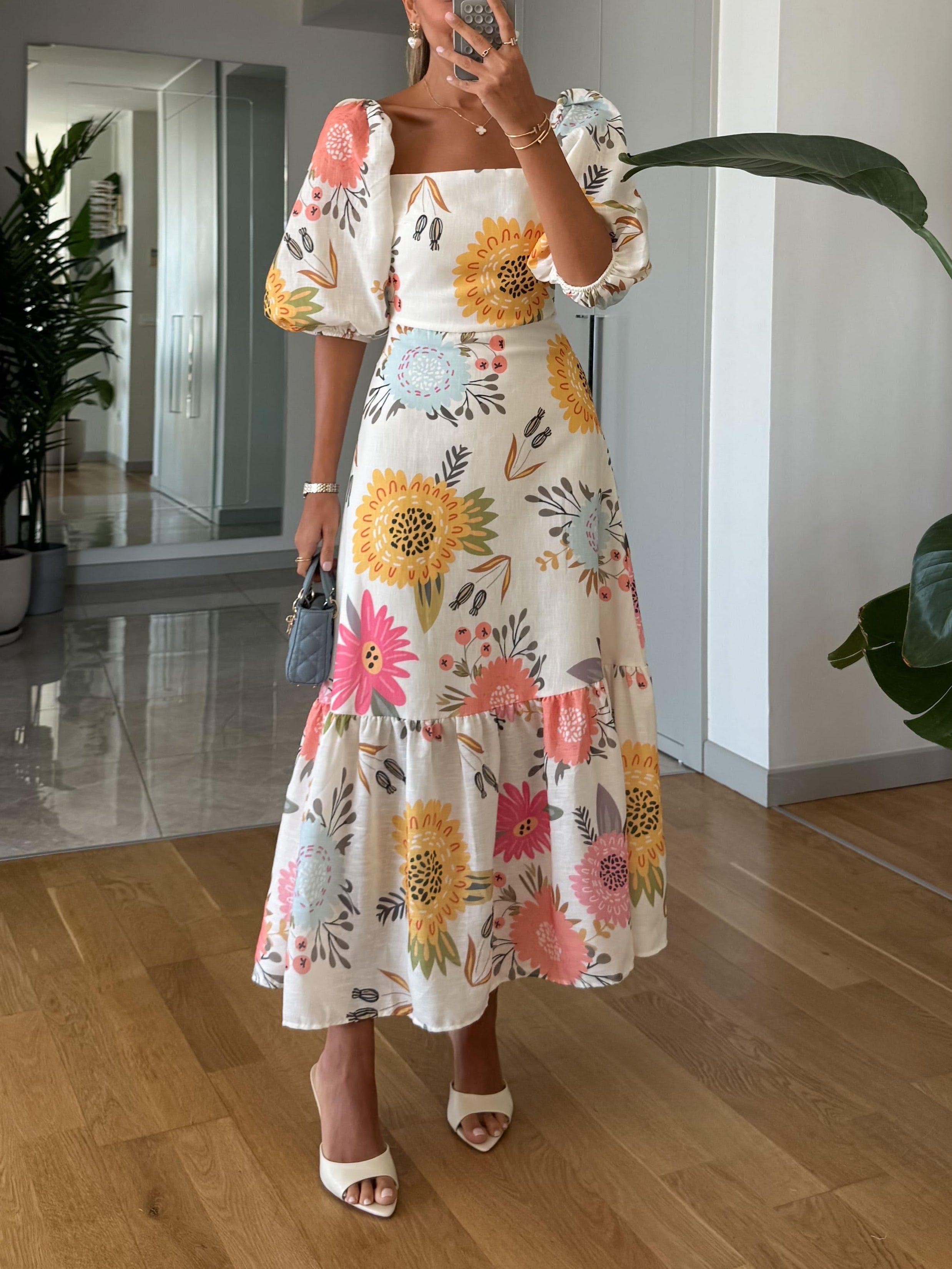 Emma | Square Neck Floral Print Puff Sleeve Midi Dress