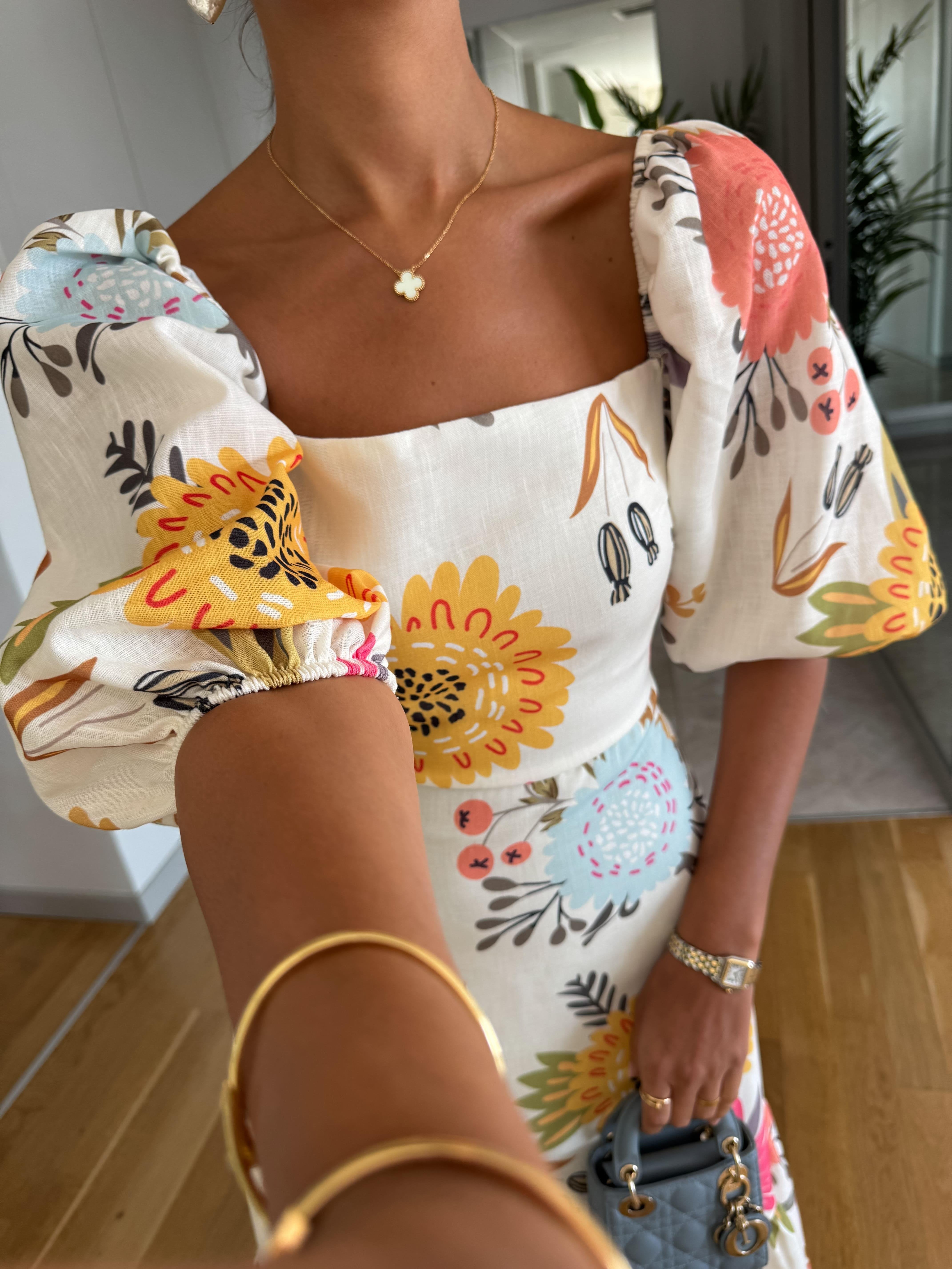 Emma | Square Neck Floral Print Puff Sleeve Midi Dress