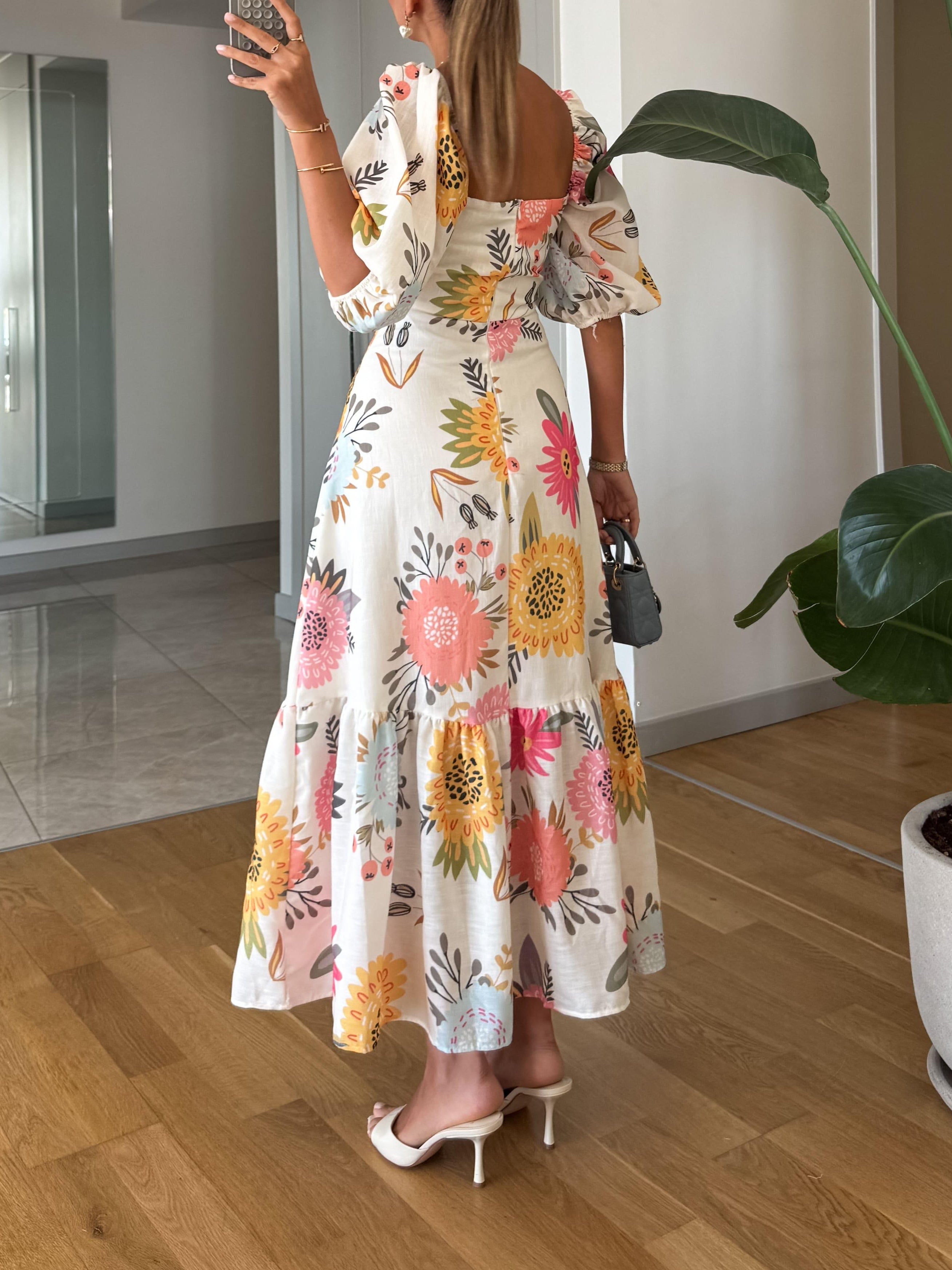 Emma | Square Neck Floral Print Puff Sleeve Midi Dress
