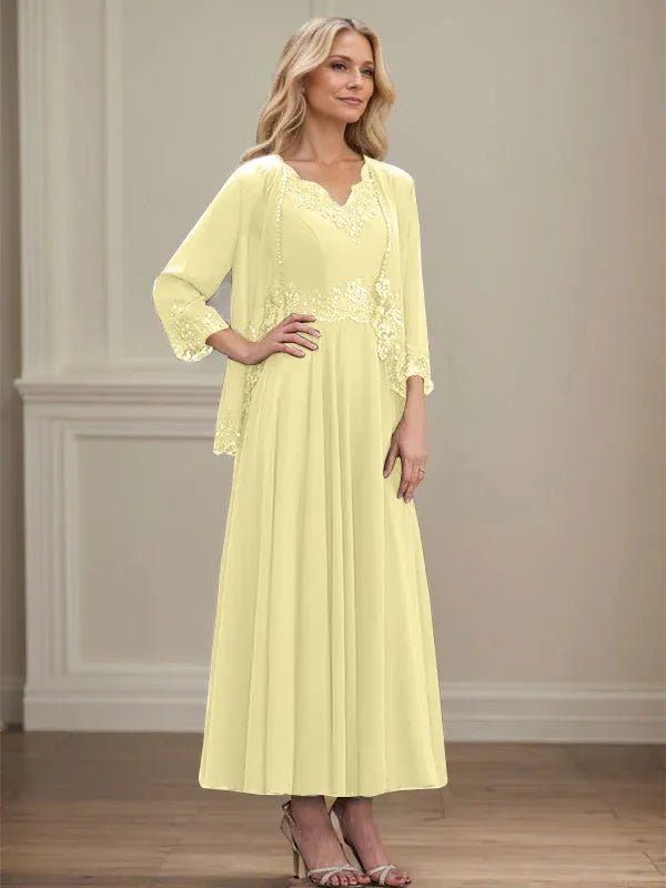 Evelinia | A-Line Chiffon Dress with Sequins & Lace
