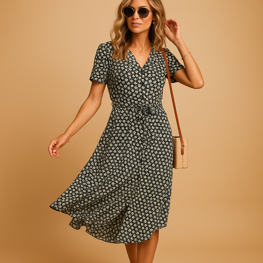 Fleur Women's Short Sleeve Floral Print Midi Dress