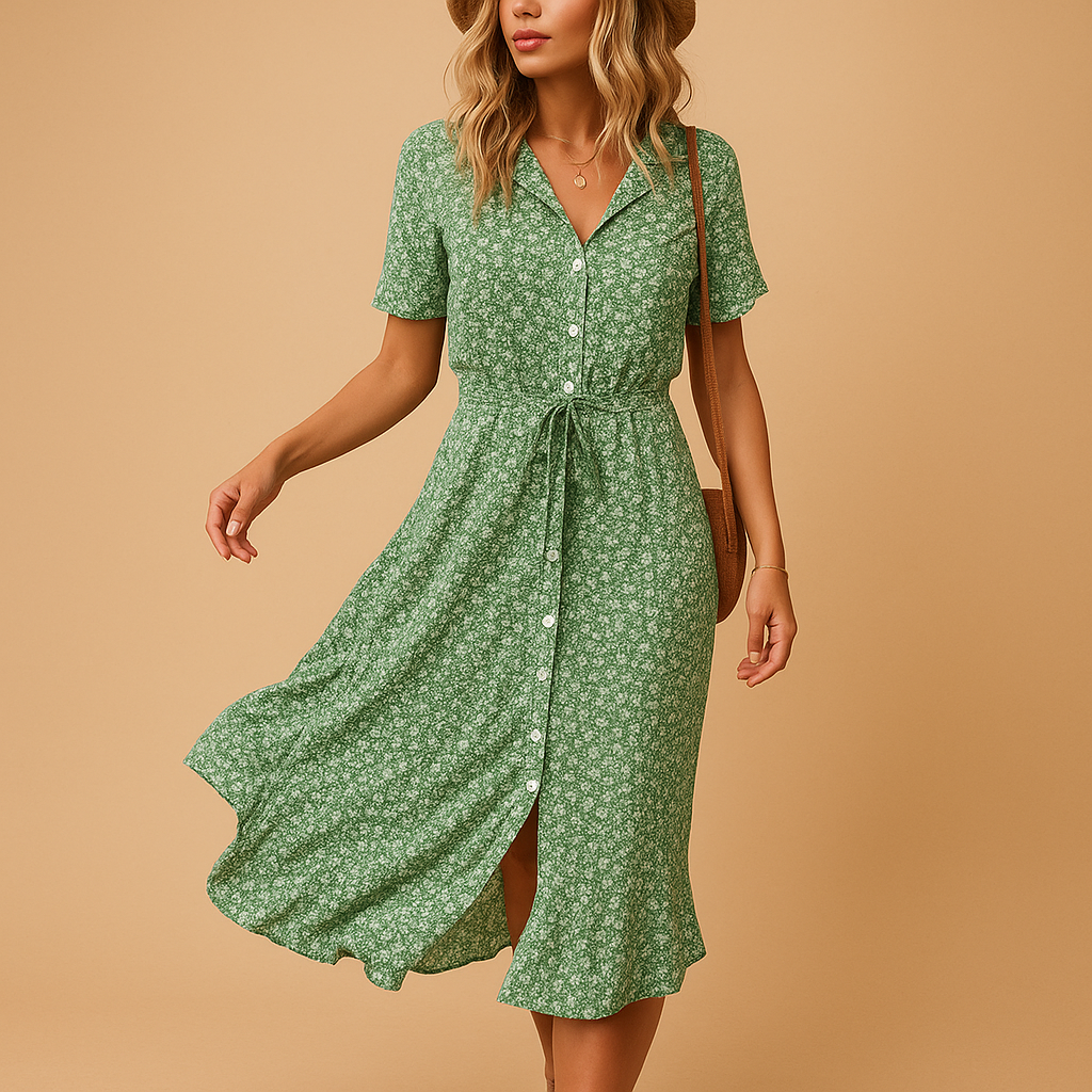 Fleur Women's Short Sleeve Floral Print Midi Dress
