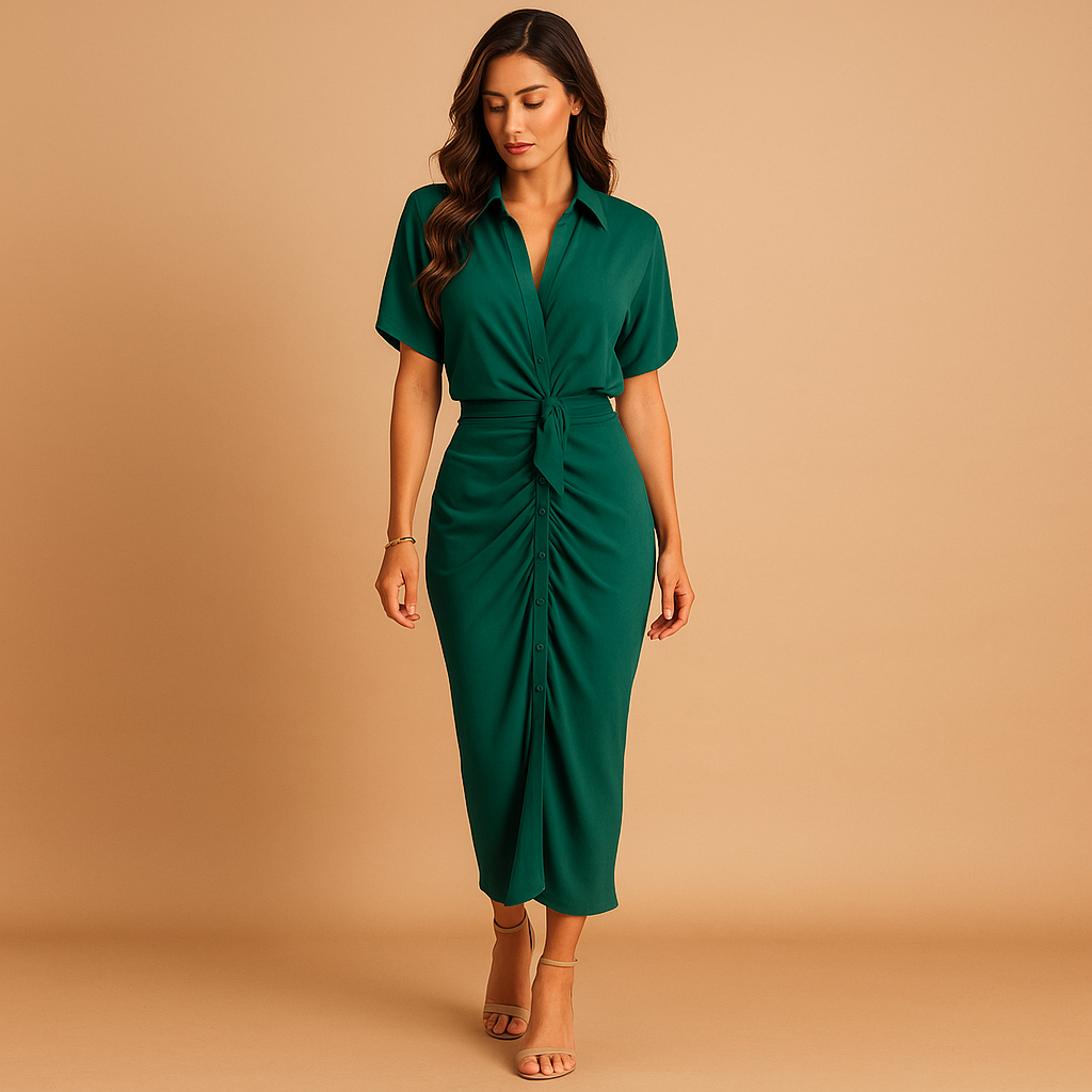 Women's V-Neck Ankle-Length Dress with Draping | Mara