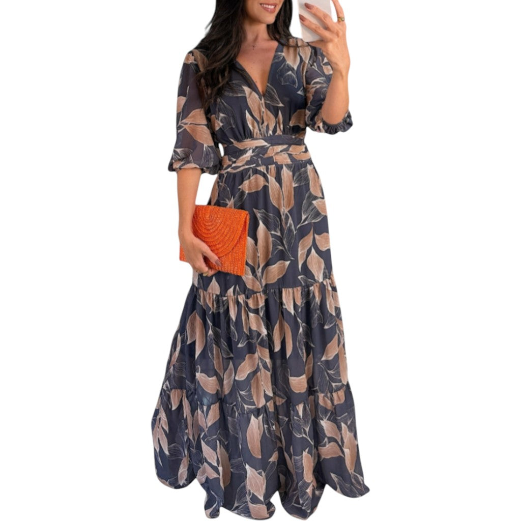 Aísha | Long Floral Dress with Flowing Cut and Leaf Motif