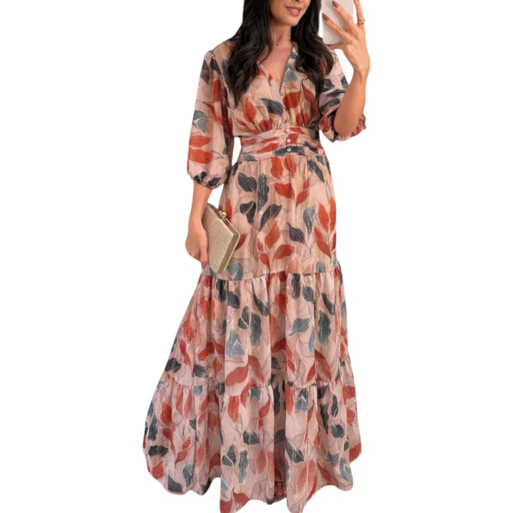 Aísha | Long Floral Dress with Flowing Cut and Leaf Motif