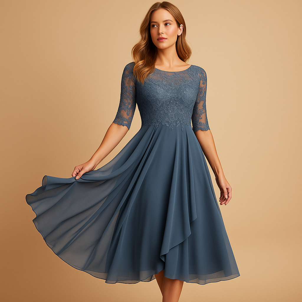 Livia Women's Midi Dress with Lace Bodice and Asymmetric Skirt