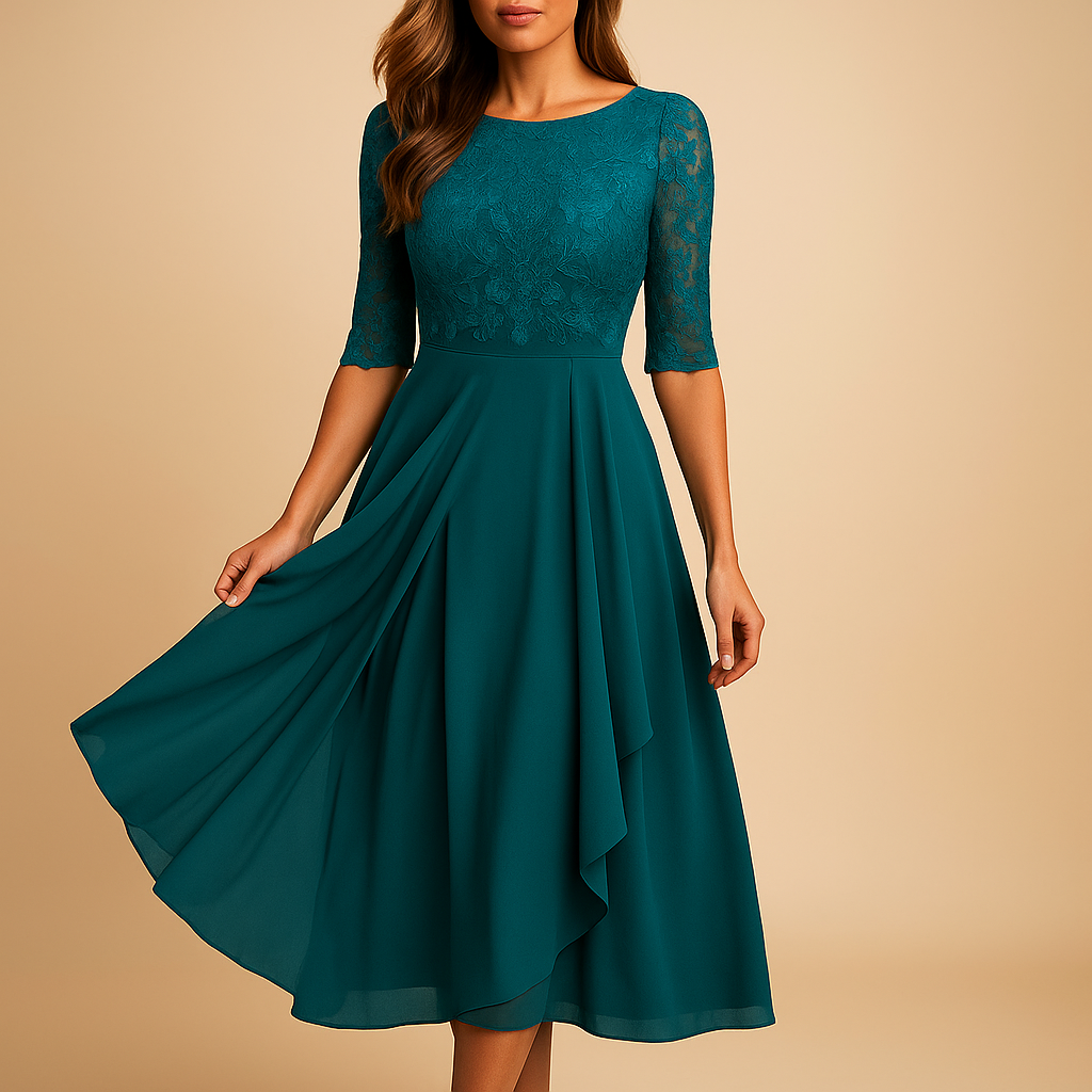 Livia Women's Midi Dress with Lace Bodice and Asymmetric Skirt