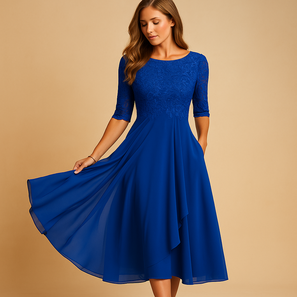 Livia Women's Midi Dress with Lace Bodice and Asymmetric Skirt