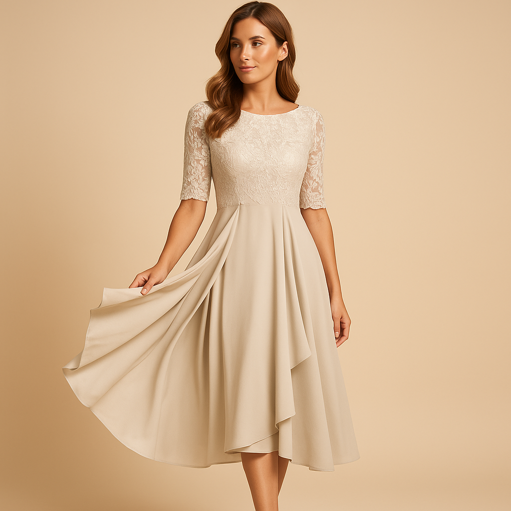 Livia Women's Midi Dress with Lace Bodice and Asymmetric Skirt