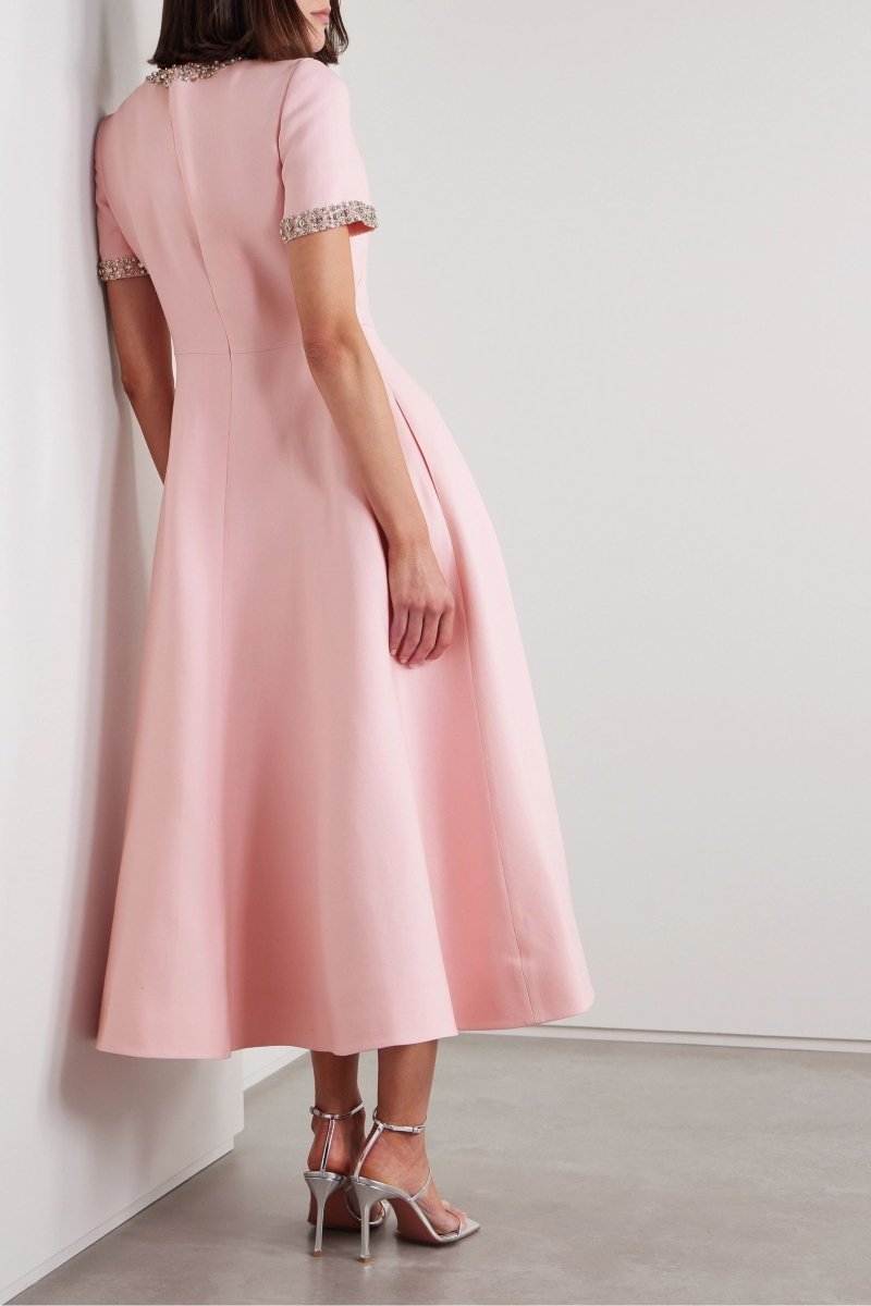 Zoe | Pink Midi Dress with Bowknot and Crystal Accents