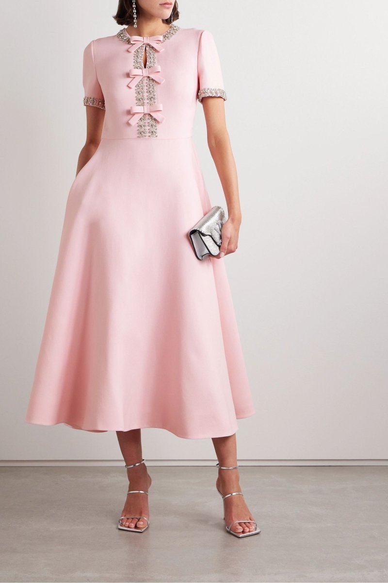 Zoe | Pink Midi Dress with Bowknot and Crystal Accents